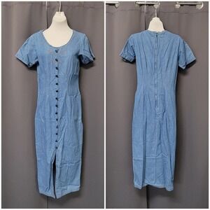 Vintage 90s y2k Denim Blue Embroidered Button Front Boho Maxi Shirt Dress 6